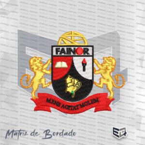 Matriz de bordado computadorizado do brasão heráldico da FAINOR com dois leões dourados, escudo central, mapa do Nordeste e faixa vermelha com a frase Mens Agitat Molem.