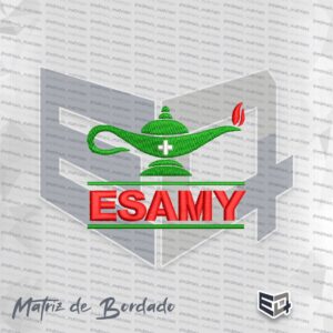 Matriz de bordado computadorizado do logotipo da ESAMY com a lâmpada da enfermagem verde com cruz branca, chama vermelha e a sigla ESAMY em vermelho.