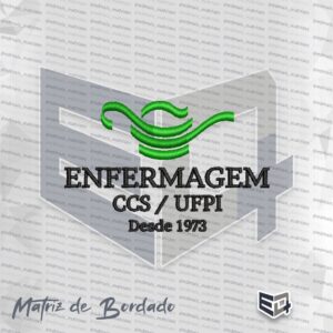 Matriz de bordado computadorizado do curso de Enfermagem CCS UFPI com símbolo de lâmpada em verde e textos Enfermagem CCS UFPI Desde 1973 em preto