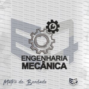 Matriz de bordado computadorizado de Engenharia Mecânica com duas engrenagens, ícone de chave de boca e texto Engenharia Mecânica.