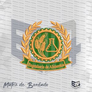 Matriz de bordado computadorizado do brasão da profissão de Engenharia de Alimentos. O brasão possui um fundo circular verde com textura, contendo três espigas de trigo e um balão de laboratório (erlenmeyer) bordados em fio dourado. O escudo é cercado por uma engrenagem dourada e verde e por ramos de louro dourados nas laterais. Na parte inferior, há uma faixa verde curvada com contornos dourados e o texto "Engenharia de Alimentos" bordado em letras douradas.
