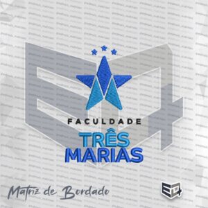 Matriz de bordado computadorizado do logotipo da Faculdade Três Marias com estrela estilizada em tons de azul e o texto Faculdade Três Marias
