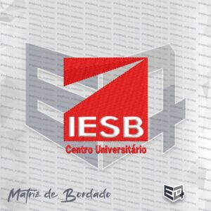 Logotipo bordado em formato de bloco quadrado vermelho do IESB Centro Universitário. A imagem apresenta um fundo quadrado vermelho bordado em ponto tatami com um detalhe em triângulo vazado na parte superior, a sigla "IESB" bordada em letras maiúsculas brancas no centro e a inscrição "Centro Universitário" na parte inferior em letras vermelhas.