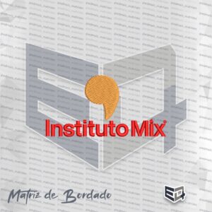 Matriz de bordado computadorizado do logotipo do Instituto Mix com o ícone de aspa em laranja e a escrita Instituto Mix em vermelho.