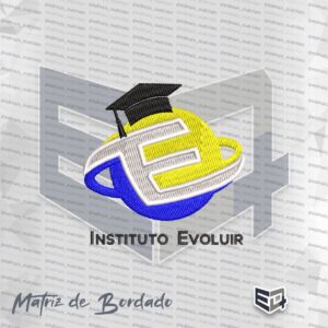 Matriz de bordado computadorizado do logotipo do Instituto Evoluir com letra E branca sobre esfera amarela e azul, capelo preto e texto Instituto Evoluir.
