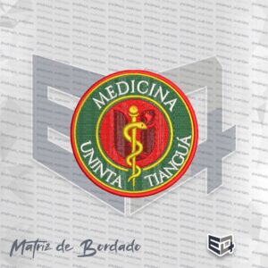 Brasão circular bordado do curso de Medicina da Faculdade UNINTA Tianguá sobre fundo preto. O emblema tem borda externa vermelha e dourada. No anel interno de fundo verde-escuro, estão bordadas em arco as palavras "MEDICINA" no topo e "UNINTA TIANGUÁ" na base em letras brancas. No centro, sobre um fundo circular vermelho com o símbolo "U" estilizado da instituição, destaca-se o bastão de Esculápio amarelo dourado com uma serpente enrolada.