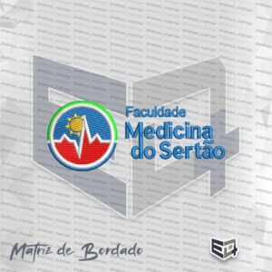 Matriz de bordado computadorizado com o logotipo da Faculdade Medicina do Sertão. A imagem traz um emblema circular à esquerda com moldura branca e bordas coloridas. No interior do escudo, há um fundo dividido entre azul claro na parte superior e vermelho na inferior, com um sol amarelo no canto esquerdo e uma linha de batimento cardíaco branca cortando o centro. À direita do emblema, está bordado em três linhas o texto "Faculdade Medicina do Sertão" em letras azuis.