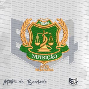 Matriz de bordado computadorizado do brasão de Nutrição com escudo verde, símbolo da balança e serpente em dourado, ramos de louro laterais e texto Afya Parnaíba.