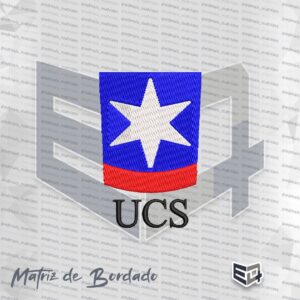 Matriz de bordado computadorizado do brasão oficial da UCS Universidade de Caxias do Sul com escudo azul, estrela branca de seis pontas, faixa vermelha e sigla UCS em preto.