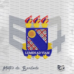 Brasão heráldico bordado da Universidade Estadual do Ceará (UECE). O escudo possui moldura espessa bordada na cor azul cobalto, topo com três tochas amarelas de chamas tricolores em vermelho, amarelo e azul. O fundo interno apresenta padronagem de treliça vermelha sobre branco, cruzada por uma faixa azul com um sol amarelo. Na base, uma faixa azul traz a frase "LUMEN AD VIAM" bordada em letras brancas.