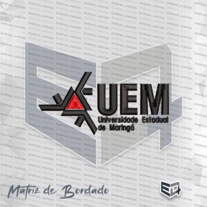 Matriz de bordado computadorizado do logotipo oficial da UEM Universidade Estadual de Maringá em preto com detalhe do triângulo central em vermelho.
