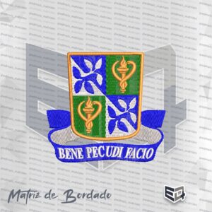 Brasão heráldico bordado de Medicina Veterinária. O escudo tem moldura em tom dourado/bronze e interior dividido em quatro partes nas cores verde, azul e branco. Duas partes apresentam ramos de folhas azuis e duas apresentam o bastão com a serpente em tom dourado. Na base, uma faixa azul traz a inscrição em latim "BENE PECUDI FACIO" em letras maiúsculas brancas.