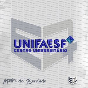 Matriz de bordado computadorizado do logotipo oficial do UNIFAESF Centro Universitário em tom azul-escuro com detalhe de losango geométrico multifacetado no canto superior direito para jalecos e uniformes.