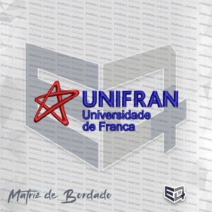Matriz de bordado computadorizado do logotipo da UNIFRAN com estrela estilizada vermelha e o texto UNIFRAN Universidade de Franca em azul.