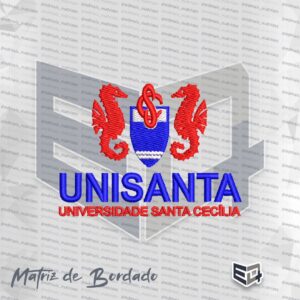 Matriz de bordado computadorizado do logotipo da UNISANTA Universidade Santa Cecília com escudo azul, cavalos marinhos vermelhos e o texto Universidade Santa Cecília
