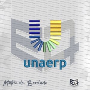 Matriz de bordado computadorizado do logotipo da UNAERP com a letra U estilizada em bloco colorido leque e o texto unaerp em azul na base.