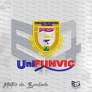Matriz de bordado computadorizado do brasão oficial da Fundação Universitária Vida Cristã UniFUNVIC com detalhes em amarelo, azul e vermelho, exibindo coroa de espinhos, capelo, cruz e bandeira do Brasil para jalecos e uniformes.