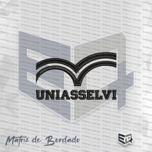 Matriz de bordado computadorizado monocromática preta do logotipo da UNIASSELVI com arcos duplos estilizados e o texto Uniasselvi.