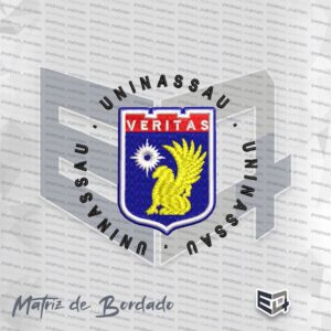 Matriz de bordado computadorizado do brasão circular UNINASSAU com texto em arco superior e inferior circulando o escudo azul com a palavra VERITAS e águia dourada.
