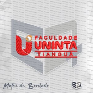 Logotipo bordado em disposição horizontal da Faculdade UNINTA Tianguá sobre fundo transparente. À esquerda, encontra-se o símbolo com uma letra "U" grande em bordado vermelho e o mapa do Brasil em branco sobre um selo dourado no topo. À direita do ícone, destaca-se o texto "FACULDADE" em vermelho na primeira linha, a palavra "UNINTA" em letras grandes e em relevo vermelho na linha do meio, e a palavra "TIANGUÁ" na linha inferior, emoldurada por duas linhas horizontais vermelhas.