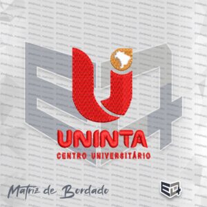 Logotipo bordado do Centro Universitário UNINTA em fundo transparente. Na parte superior, destaca-se um "U" grande na cor vermelha com textura de pontos de bordado, acompanhado por um emblema circular dourado com o mapa do Brasil em branco no canto superior direito. Na parte inferior, lê-se o texto "UNINTA" em letras maiúsculas vermelhas em relevo e, logo abaixo, "CENTRO UNIVERSITÁRIO" também em bordado vermelho.
