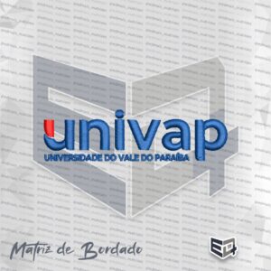 Matriz de bordado computadorizado do logotipo da UNIVAP Universidade do Vale do Paraíba em azul e detalhe vermelho com o texto Universidade do Vale do Paraíba.