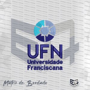 Logotipo bordado da Universidade Franciscana (UFN) sobre fundo transparente. Na parte superior, há um símbolo circular composto por um hexágono e partes curvas bordadas em tons de azul ciano, azul claro e azul escuro. Logo abaixo, a sigla "UFN" em letras maiúsculas azul escuro e o texto "Universidade Franciscana" escrito em duas linhas na mesma cor.