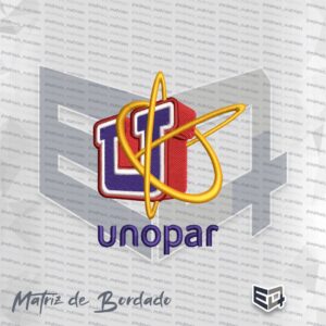 Matriz de bordado computadorizado do logotipo 3D da UNOPAR com letra U roxa e vermelha, órbitas amarelas e texto unopar.