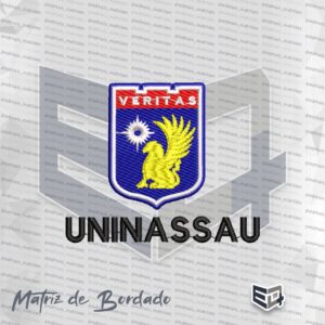 Matriz de bordado computadorizado do brasão oficial VERITAS UNINASSAU em formato de escudo azul e vermelho com águia dourada e o nome UNINASSAU bordado em preto abaixo