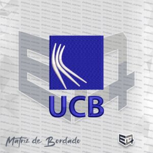 Matriz de bordado computadorizado com a marca da UCB (Universidade Católica de Brasília). Na parte superior, há um quadrado azul royal preenchido por pontos de bordado com três linhas curvas brancas estilizadas em seu interior. Abaixo do quadrado, está bordada a sigla "UCB" em letras maiúsculas e em negrito na cor azul royal.