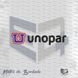 Matriz de bordado computadorizado do logotipo da UNOPAR com letra U tricolor em azul, branco e vermelho e o texto unopar ao lado.