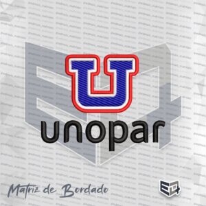 Matriz de bordado computadorizado do logotipo da UNOPAR com letra U tricolor em azul, branco e vermelho e o texto unopar.