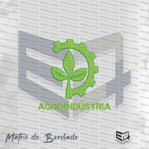 Matriz de bordado computadorizado do símbolo do curso de Agroindústria. A imagem exibe uma meia engrenagem verde-claro no lado direito contornando três folhas ao centro. Na base, a palavra "AGROINDÚSTRIA" está bordada em letras maiúsculas na cor verde.