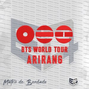 Matriz de bordado computadorizado do BTS World Tour Arirang na cor vermelha. A imagem exibe três círculos superiores com cortes geométricos estilizados e, abaixo, o texto "BTS WORLD TOUR" e a palavra "ARIRANG" em letras maiúsculas vermelhas.