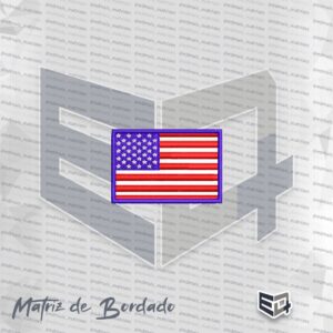Matriz de bordado computadorizado da Bandeira dos Estados Unidos no formato de patch retangular. A imagem exibe as listras horizontais intercaladas em vermelho e branco, o cantão superior esquerdo azul preenchido com estrelas brancas e uma borda externa espessa bordada em tom roxo/azul escuro.