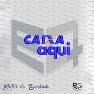 Matriz de bordado computadorizado do logotipo da CAIXA Aqui. A imagem apresenta a palavra "CAIXA." em letras maiúsculas azuis com o detalhe do "X" em laranja e um ponto no final. Logo abaixo, a palavra "aqui" está bordada em letras minúsculas na cor azul.