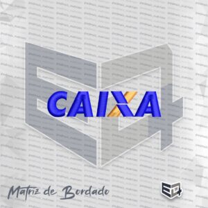 Matriz de bordado computadorizado do logotipo da Caixa Econômica Federal. A imagem apresenta a palavra "CAIXA" bordada em letras maiúsculas no tom azul royal, com o caractere "X" estilizado por detalhes entrecortados na cor laranja.
