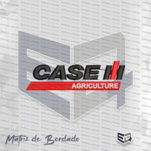 Matriz de bordado computadorizado do logotipo da Case IH Agriculture. Na parte superior, lê-se a palavra "CASE" seguida pelas letras "IH" bordadas em preto, cruzadas por uma faixa inclinada na cor vermelha. Na base inferior direita, há uma faixa retangular inclinada na cor vermelha com a palavra "AGRICULTURE" bordada em letras maiúsculas na cor branca.