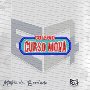 Matriz de bordado computadorizado do logotipo do Colégio e Curso MOVA. O emblema possui o formato de uma cápsula horizontal com preenchimento em azul ciano e contorno azul royal. Na parte superior, destaca-se a palavra "COLÉGIO" em vermelho com bordas brancas. Ao centro, lê-se "CURSO MOVA" em letras maiúsculas grandes na cor vermelha com contorno branco reforçado.
