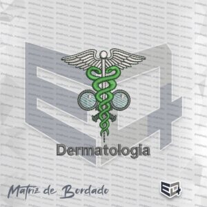 Matriz de bordado computadorizado do símbolo da especialidade de Dermatologia. A imagem apresenta um caduceu médico prateado com asas abertas e uma lupa ao fundo com detalhes de reflexo na lente. Duas serpentes verdes estão entrelaçadas ao redor do bastão central. Na parte inferior, está bordada a palavra "Dermatologia" em tom cinza escuro.