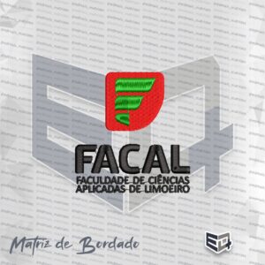 Matriz de bordado computadorizado do logotipo da FACAL (Faculdade de Ciências Aplicadas de Limoeiro) em diagramação vertical. A imagem apresenta no topo um escudo vermelho com a letra "F" em verde, seguido abaixo pela sigla "FACAL" em preto e o texto "FACULDADE DE CIÊNCIAS APLICADAS DE LIMOEIRO" em duas linhas na cor preta.