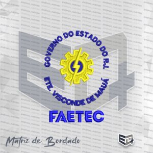 Matriz de bordado computadorizado do logotipo da ETE Visconde de Mauá - FAETEC do Governo do Estado do RJ. A imagem exibe no centro uma engrenagem amarela com interior azul atravessada por um raio amarelo, emoldurada em cima pelo texto "GOVERNO DO ESTADO DO RJ.", embaixo pelo texto "ETE. VISCONDE DE MAUÁ" e na base a palavra "FAETEC", todos em azul.