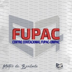 Matriz de bordado computadorizado do logotipo da FUPAC. Na parte superior, destaca-se a sigla "FUPAC" em letras maiúsculas grandes bordadas em tom vermelho rubro. Logo abaixo, alinhado ao longo da base, lê-se o texto "CENTRO EDUCACIONAL FUPAC-UNIPAC" em letras maiúsculas bordadas na cor azul royal.