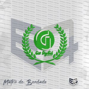Matriz de bordado computadorizado do logotipo do Instituto Giz Digital. A imagem exibe dois ramos de louro verdes emoldurando um círculo verde no centro, contendo o monograma "GD" em branco. Na parte inferior, está bordada a escrita "Giz Digital INSTITUTO" na cor verde.