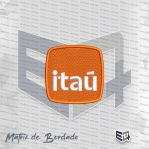 Matriz de bordado computadorizado da nova logo do Banco Itaú em formato de patch. A imagem exibe um fundo quadrado de cantos arredondados totalmente bordado em laranja com borda em relevo, trazendo ao centro a palavra "itaú" em letras minúsculas na cor branca.