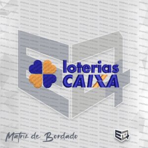 Matriz de bordado computadorizado do logotipo das Loterias CAIXA. À esquerda, há um trevo de quatro folhas formado por quatro corações intercalados nas cores azul royal e laranja. À direita, lê-se a palavra "Loterias" em letras minúsculas azuis e, abaixo, a palavra "CAIXA" em letras maiúsculas azuis com o detalhe do "X" interceptado pela cor laranja.