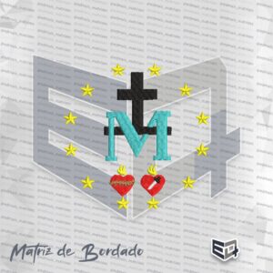 Matriz de bordado computadorizado do verso da Medalha Milagrosa de Nossa Senhora das Graças. A imagem apresenta ao centro a letra M na cor azul celeste entrelaçada com uma cruz preta. Na base, estão bordados dois corações vermelhos com chamas amareladas, sendo um envolvido por uma coroa de espinhos e o outro atravessado por uma espada prateada. O conjunto é circundado por 12 estrelas amarelas em formato circular.