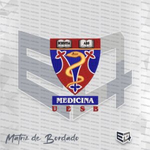 Matriz de bordado computadorizado do brasão de Medicina da UESB (Universidade Estadual do Sudoeste da Bahia). A imagem exibe um escudo com livros abertos no topo contendo as palavras "SCIENTIA" e "ARS", fundo interno em vermelho e azul com uma serpente dourada em relevo no centro. Abaixo, há uma faixa azul com a palavra "MEDICINA" em branco e a sigla "U E S B" em vermelho.