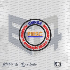 Matriz de bordado computadorizado do brasão circular do programa PIESC da Uningá. O emblema possui bordas circulares na cor preta. Ao centro, destaca-se a sigla "PIESC" em letras maiúsculas na cor dourada sobre uma barra azul. No arco superior, lê-se a palavra "UNINGÁ" em azul e, no arco inferior, lê-se a expressão "PROGRAMA DE INTEGRAÇÃO ESCOLA-COMUNIDADE" na cor vermelha.