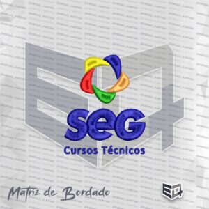 Matriz de bordado computadorizado da marca SEG Cursos Técnicos em diagramação vertical. A imagem exibe no topo um símbolo circular com cinco gomos coloridos em amarelo, azul, laranja, verde e vermelho. Logo abaixo, a sigla "SEG" bordada em azul e o texto "Cursos Técnicos" centralizado na base também em azul.